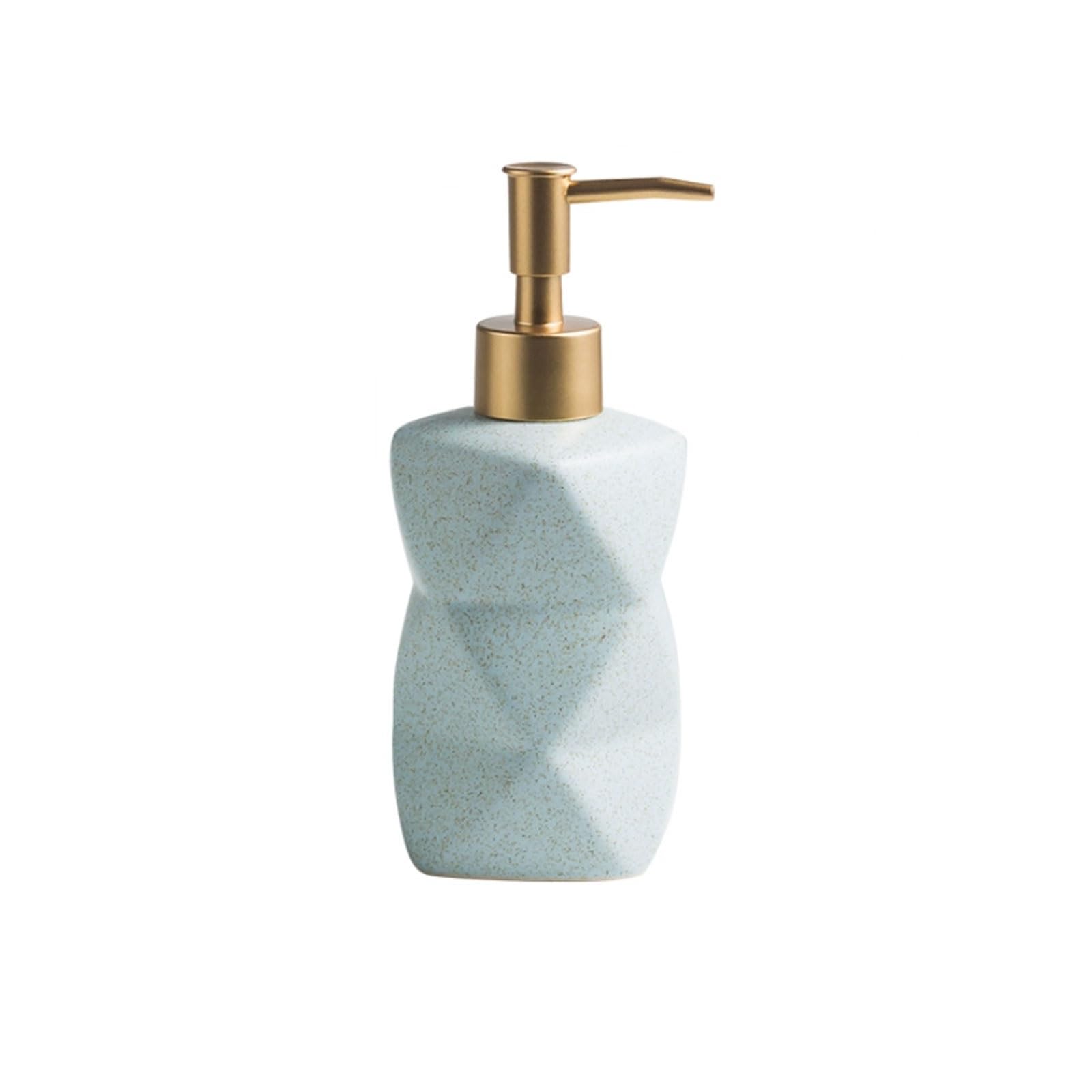 10.1oz Ceramic Soap Dispenser Geometric Design, Matte Glaze, Retro Gold Pump, Countertop Lotion(Blu)