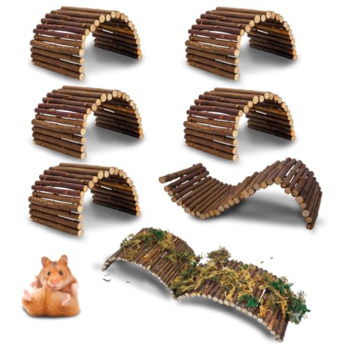 PINVNBY 8 PCS Hamster Wooden Ladder Bridge Tunnel Hide, Hamster Cage Accessories for Chinchillas Guinea Pigs Mouse Rat Ferre, Rodents Natural Hideout for Small Animals