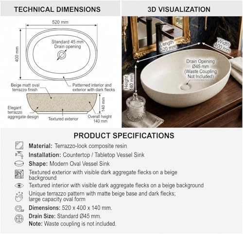 Image of BASSINO 20x16x6 Inches Ceramic Table Top Wash Basin /Designer Bathroom Sink /Luxury Countertop Vessel Basin /Oval Above Counter Basin /Wash Basin for Bathroom /Dining Hall /Vanity Sink(Matt Beige Terrazzo)