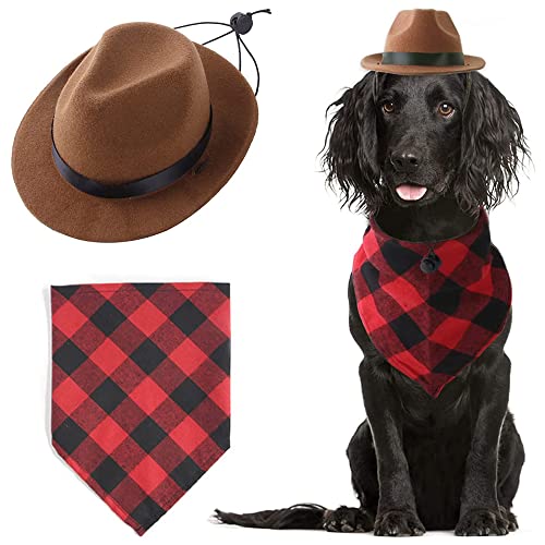 NACOCO Dog Cowboy Costume Hat Set of 2 Red Adjustable Triangle Gird Pet Cap Cool and Bandana Scarf Accessory Size Mini Funny for Puppy Party Festival and Daily Wearing (Brown)
