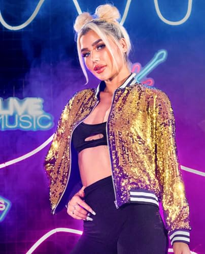 JAKAWIN Women’s Light Up Sequin Bomber Jacket Coat Long Sleeve Disco Concert Rave Festival Jackets4