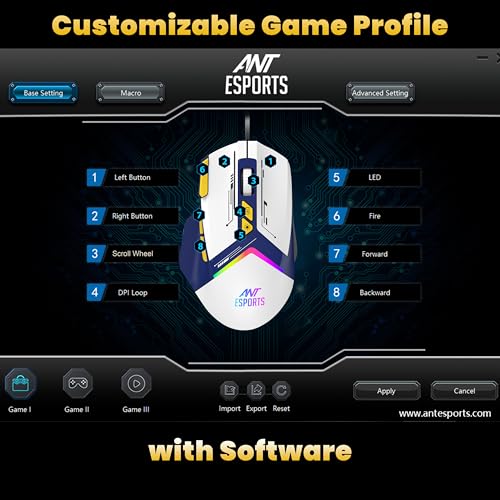 Image of Ant Esports GM333 RGB Wired High End Optical Ergonomic Gaming Mouse with 12800 DPI 1.5M Braided Cable Comes with Inbuilt Software Huano Switches with Rubber Coated Topcover -Blue /White /Yellow