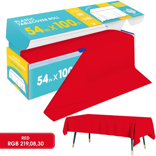 Image of Niuara Red Plastic Table Cover Roll - 54IN x 100FT, Table Cloth for Rectangle Table with Slide Cutter, Plastic Table Cloth Disposable with Cut-to-Size Design for Weddings, Banquets, Parties