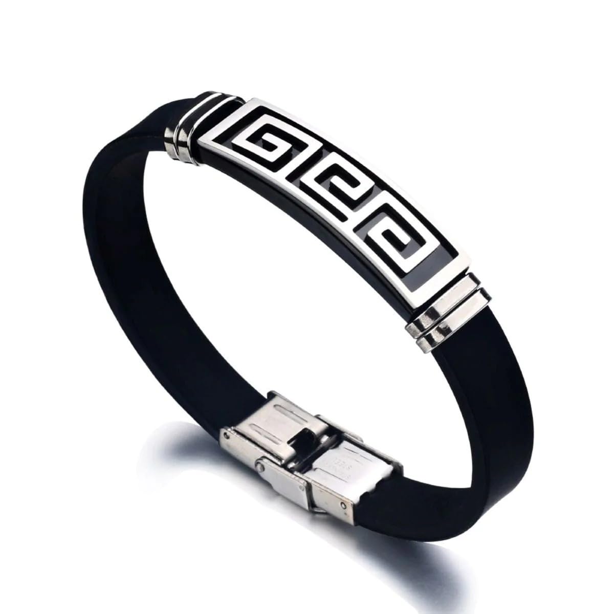 Myjewel Stylish Silver Black Rubber Silicone Stainless Steel Wristband Bracelet for Men (B0CKX8SD88) Amazon Price History, Amazon Price Tracker