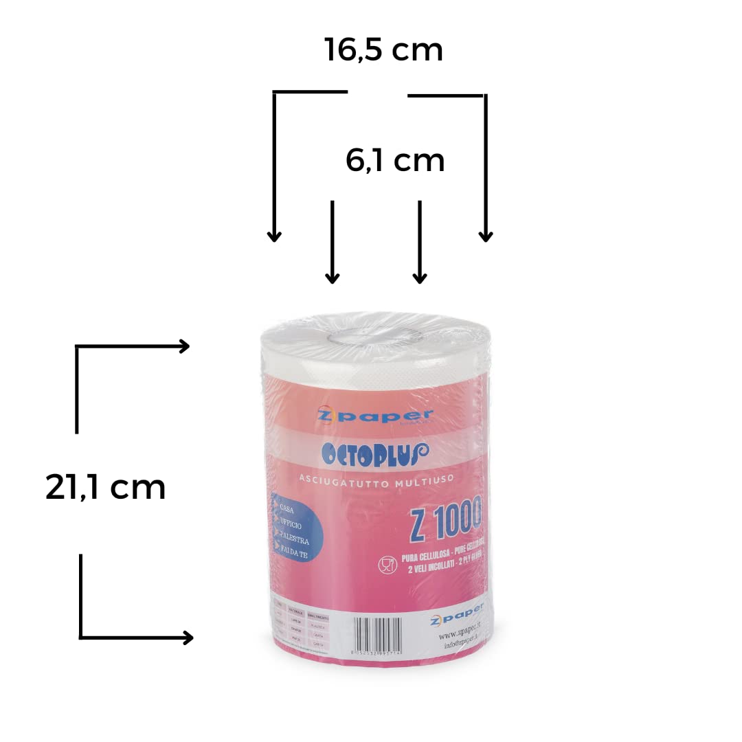 ZPAPER - 24 Rotoli Asciugatutto - Rotoloni Asciugatutto carta multiuso. Pura Cellulosa, 2 Veli, Anima a Spirale. Bobine carta asciugatutto