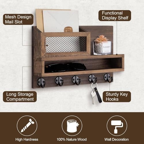 Image of PEDEX - Wall Unique Wooden Key Holder Organizer with Storage Shelf | Multipurpose Entryway Organizer for Keys, Sunglasses, Mail, Plants Great for use in entryways, hallways, Kitchens, or Offices