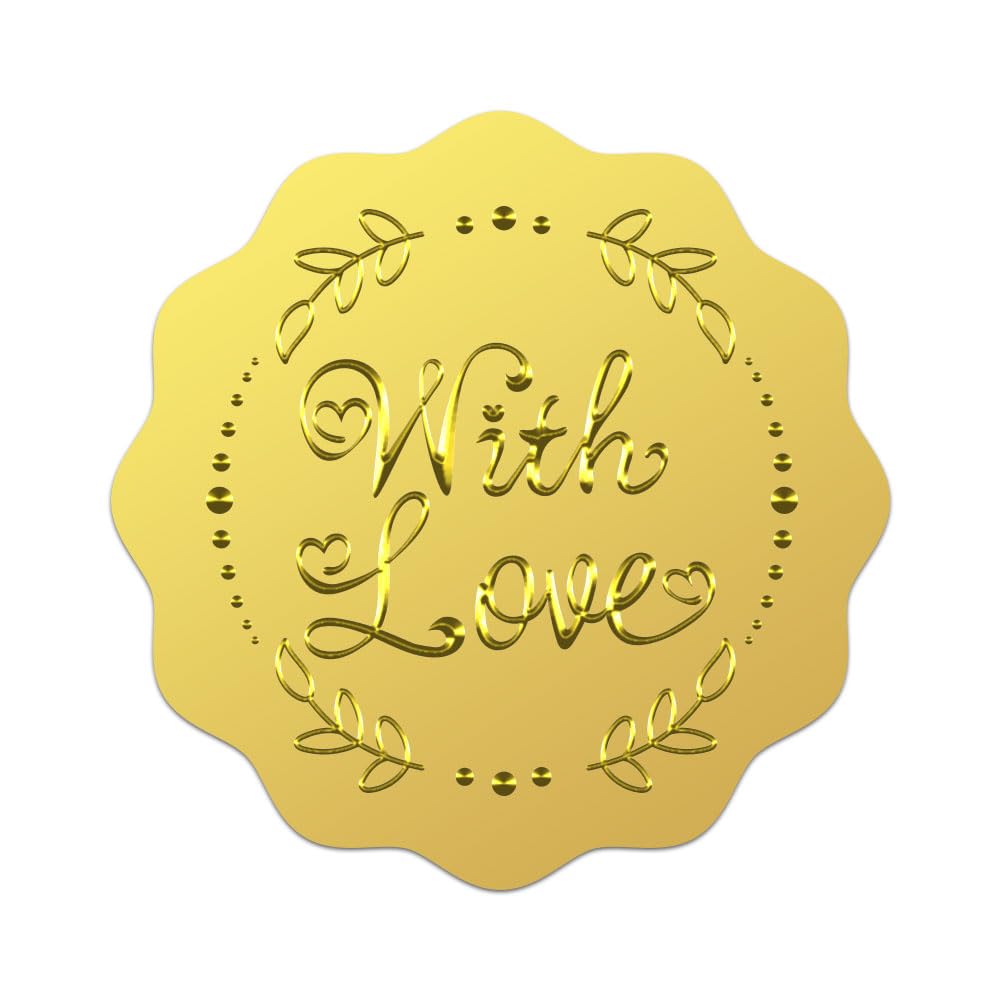 WADORN 100Pcs Gold Envelope Seal Stickers Embossed Foil, with Love Heart Stickers for Invitation Sealing Self-Adhesive with Love Stickers for Envelope