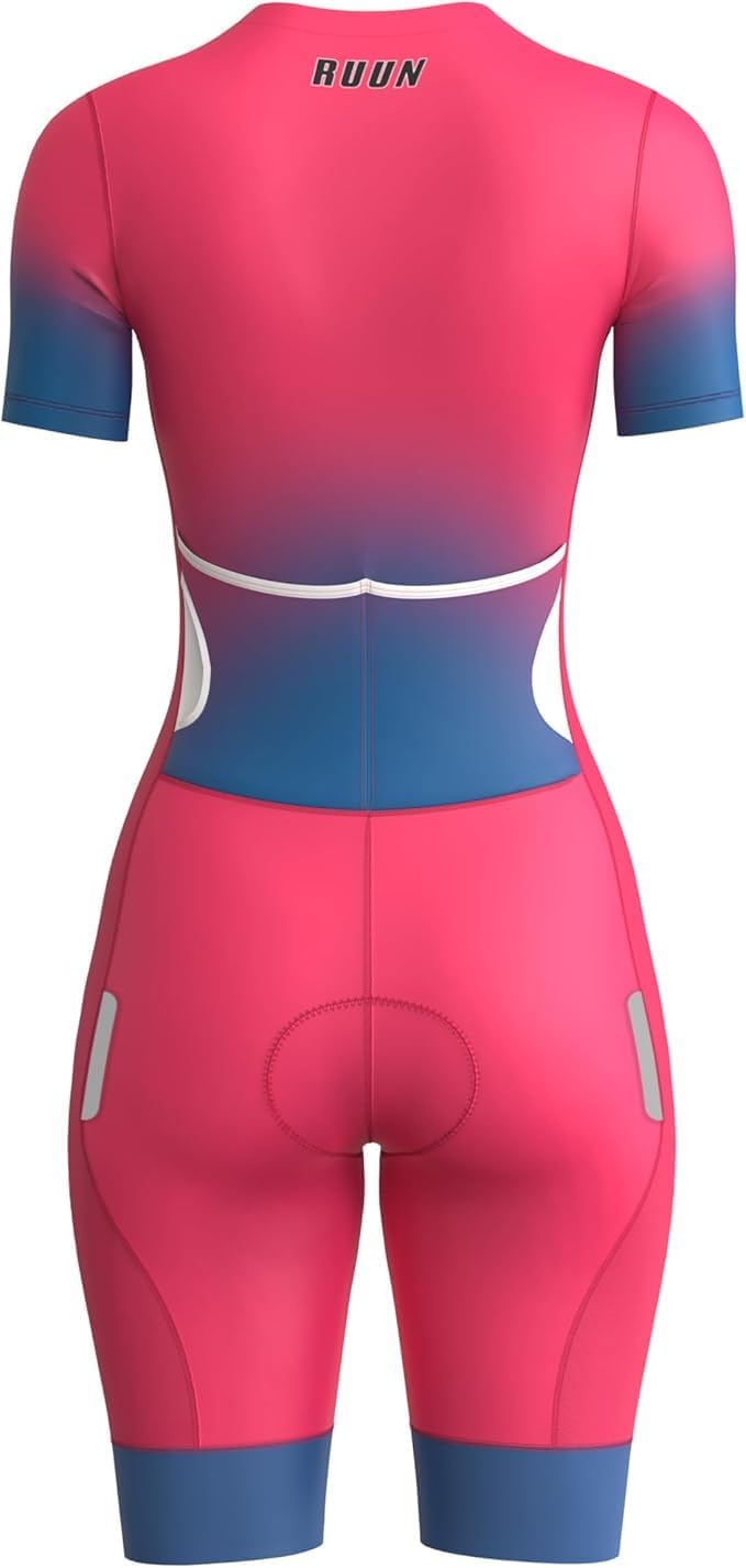 RUUN Women’s Cycling Trisuit Half Sleeve with Pockets Mesh Triathlon Padded Suit with Hi Viz Reflection Skinsuit Power Band and Leg Grippers