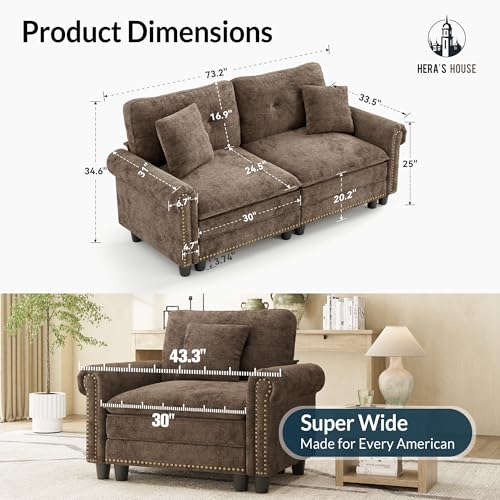 Image of HERA'S HOUSE 73.2 inch Modular Loveseat Cloud Couch Deep Seats & Rolled Arms | Mid-Century Modern 2-Seater Loveseat, Grayish Brown, Nailhead Trim, Wider & Deeper Seats, Soft Chenille Sofa for Living Room