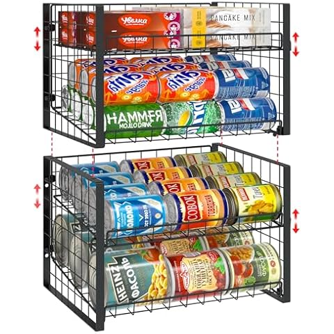 JKsmart 2-Tier Stackable Can Rack Organizer for Pantry, Adjustable Can Dispenser Holds Up to 62 Cans, Can Storage Holder for Various Ounces of Canned Food Soda Drinks, Black, 2 Pack (Petent Pending) Cover