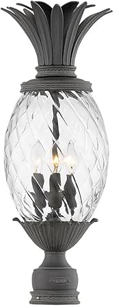 Hinkley Plantation Large Post Top or Pier Mount Outdoor Lantern, Aluminum, Inside Etched Amber Optic Glass Shade, Pineapple Theme, Museum Black Finish