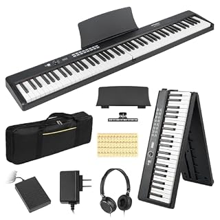STRICH 88 Key Digital Piano Foldable Full Size Electric Keyboard with Semi-Weighted Sensitive Keys, Portable Electric Piano Set for Beginner, Bundle with Sustain Pedal, Headphones, Music Rest, SEP-88F - Les Beatles, Paul McCartney, John Lennon, RIngo Starr, George Harrison