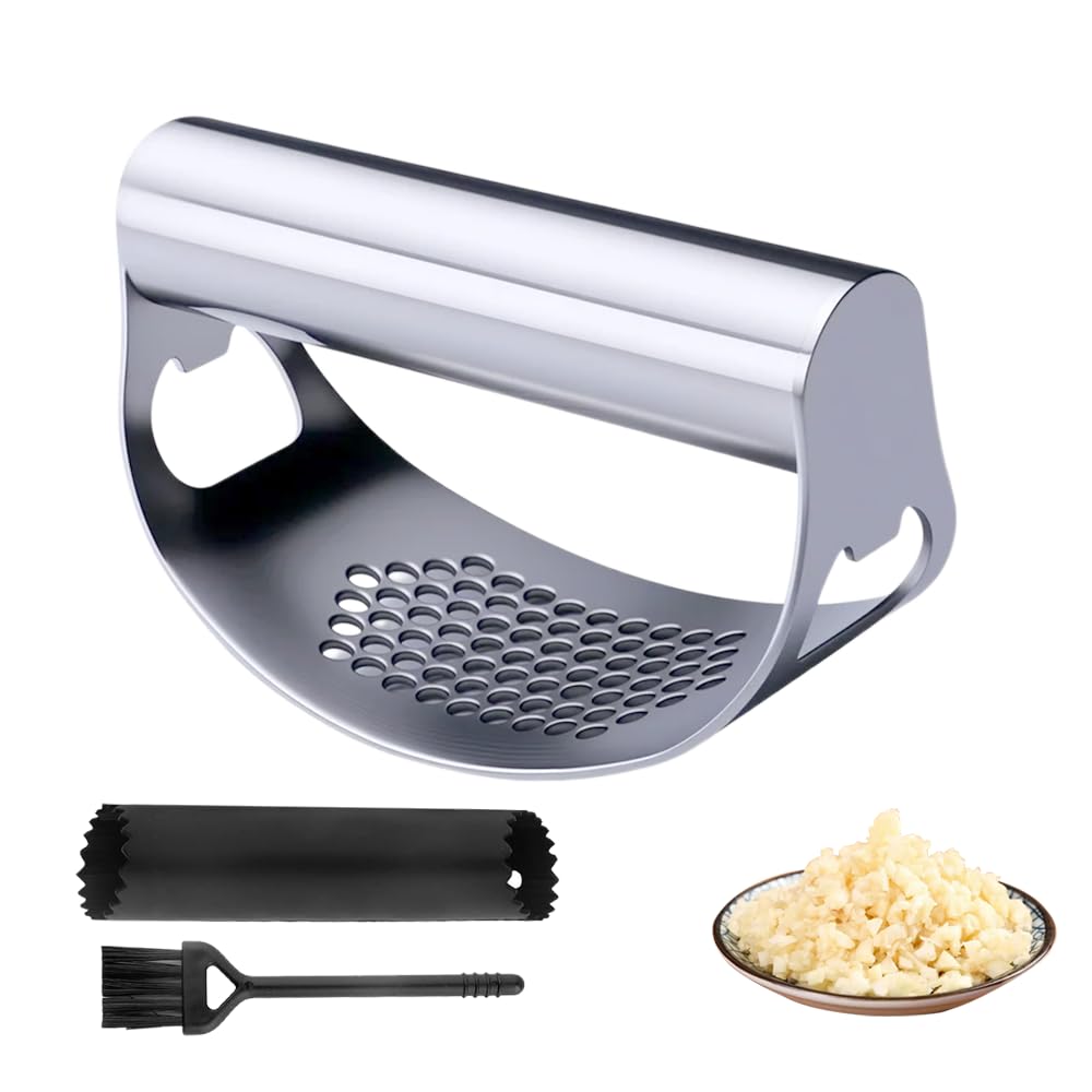 Stainless Steel Garlic Presser, Upgrade Rocker Crusher Masher with Garlic Peeling, 2026 New Portable Manual Stainless Steel Garlic Press for Home Kitchen Utensils (1)