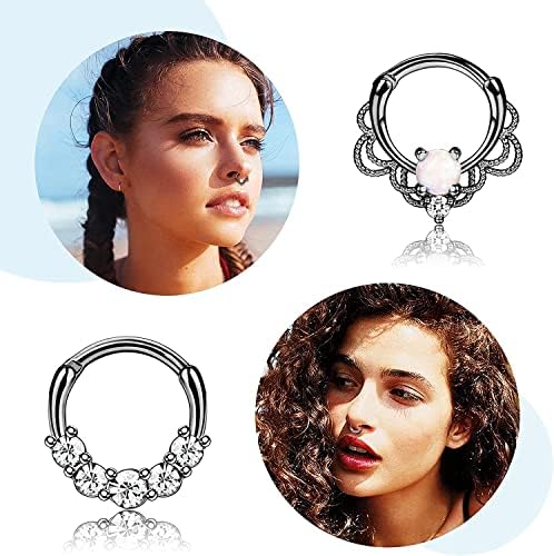 LOLIAS 9PCS 16G Septum Rings Opal Daith Earrings Hoop Nose Rings 316L Stainless Steel CZ Cartilage Helix Tragus Earrings Septum Clicker Piercing Jewelry