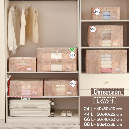 Image of HOKIPO 88L(XL) Wardrobe Organiser for Storage of Clothes, 600D Oxford Fabric Storage Box, Beige Botanica Pack of 1 (AR-6487-BGE)