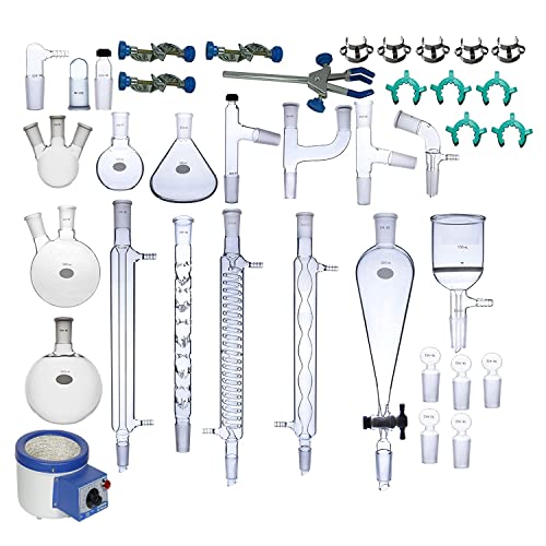ISKO Borosilicate Glass Advanced Organic Chemistry Lab Glassware Kit, Laboratory Glassware Distillation Apparatus with 2 Stands and heating mantle (38 items)