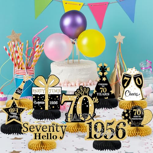 Image of 9Pcs 70th Birthday Decorations Honeycomb Centerpieces for Men Women, Black Gold Happy 70th Birthday Centerpieces Tables Toppers Party Decorations Supplies,Vintage 1956 Aged Table Sign Decor