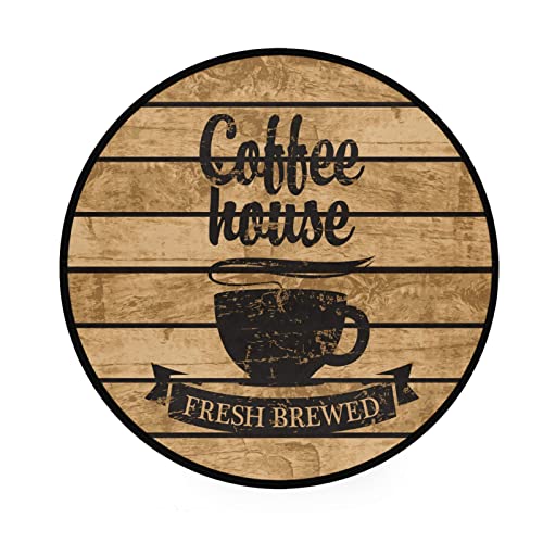 Coffee Themed Cafe Area Rug Round 3Ft Vintage Wooden Board Circular Carpet Floor Mat Soft Non Skid For Living Room Dining Spring Holiday Decor Seasonal Washable #TOP2