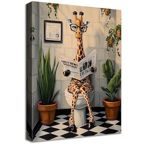 Cuarto De Baño Marco De Madera Cuadro Moderno Jirafa Divertida Leyendo El Periódico En El Inodoro Lienzo Decorativos Pintura Poster Imagen Animales Cuadros Decoracion Baño Aseo Inodoro Wc 30cmx40cm