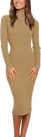 MEROKEETY Women's Ribbed Long Sleeve Sweater Dress High Neck Slim Fit Knitted Midi Dress
