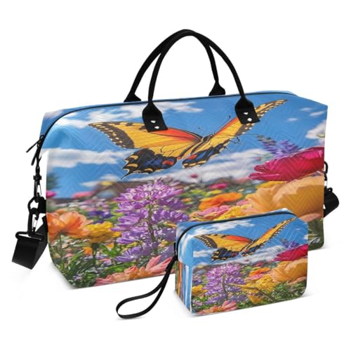 Flower Butterfly Blossom Cloud Travel Duffle Bag Gym Bag Weekender Bags with Toiletry Bag Travel Trip Tote Bag