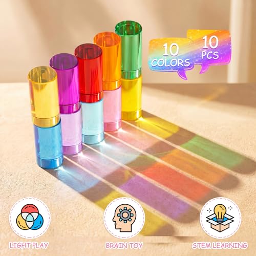 Image of Meooeck 10 Pcs Rainbow Acrylic Cylinder Blocks, Translucent Colored Gem Blocks Building Stacking Sensory Train Prims Toys for Toddler Kids Montessori School Classroom Supplies
