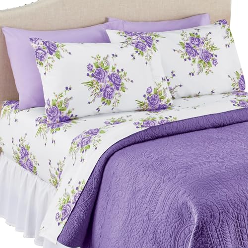 Spirit Linen King Size Bed Sheets Set Deep Pockets - 6PC Floral Ultra Soft Microfiber Bed Sheets - Easy to Clean, 90 Thread Count Sheets with Fitted Sheet, Flat Sheet & Pillowcases (Pink Lavender)