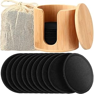 Foaincore 40 Pcs Cotton Rounds Pads Reusable with Washable Laundry Bag Waste Free Facial Round Soft Reusable Face Pad Large Bamboo Cotton Rounds for Toner with Bamboo Holder for Storage(Black)