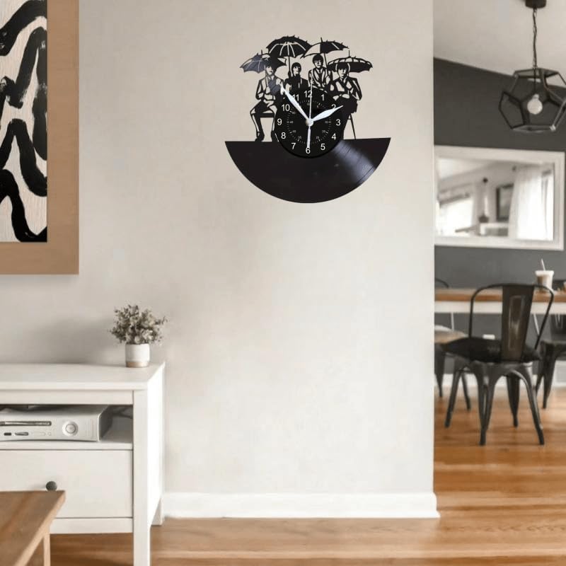 Vinyl Record Wall Clock, Black, Music Band with Umbrellas Silhouette Design, 12 Inches, Round Shape, Wall Mount