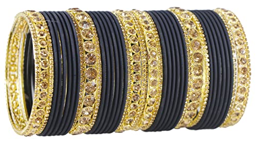 Image of NMII Non-Precious Metal Base Metal and Studded Zircon Gemstone and Matte Finish Worked Bangle set for Women /Girls