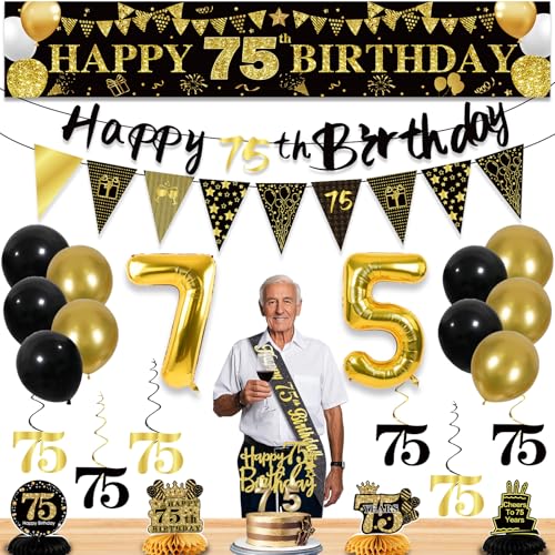 Image of 75th Birthday Decorations for Men, Black Gold 75th Party Decoration Kits | 27pcs Happy 75th Birthday Set: Banner, Honeycomb, Balloons, Gold Number, Candle, Hanging Swirls, Cake Topper, Party Supplies