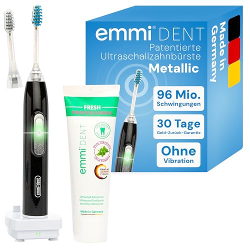 emmi-dent Ultraschallzahnbürste mit 96 Mio. Schwingungen– Sanfte elektrische Zahnbürste ohne Schrubben – Für empfindliche Zähne – Reisezahnbürste mit Zahncreme - Metallic Black Diamond