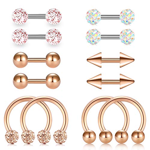 JFORYOU 6 Pairs of Earrings Cartilage Tragus Earrings 16G Surgical Steel Studs Horseshoe Rook Hoop Helix Conch Daith Piercing Jewelry for Women Men Rose Gold