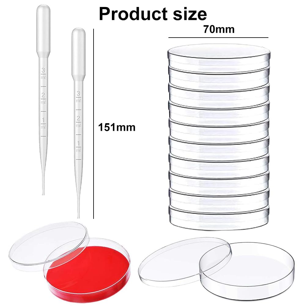 Piastra Petri,Petri Dishes,Piastra Petri in Plastica,Piatti Petri in Vetro, per Cultura di Laboratorio Lievito Batterico,10 con 2 Pipette di Trasferimento per Cultura di Laboratorio Lievito Batterico