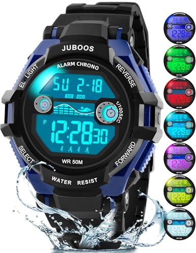 Juboos Kinderuhr Junge Mädchen 5-16 Jahre,Digital Armbanduhr für Kinder 7 Farben LED-Licht,50M Wasserdicht, mit Alarm Stoppuhr,Der Riemen ist weich