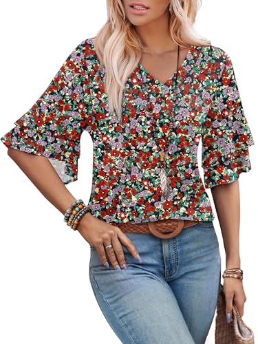Image of OFEEFAN Spring Tops for Women Boho Shirts Fashion Clothing Cute 3 /4 Length Sleeve Blouses Dressy Casual Summer Outfits