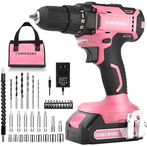 COMOWARE Cordless Drill Set, 20V Power Drill, Pink Drill Set for Women, 1 Battery & Charger, 3/8" Keyless Chuck, 2 Variable Speed, 266 In-lb Torque, 25+1 Position, with Pink Storage Bag Cover