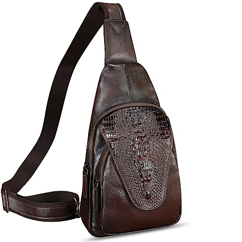 Image of Genuine Leather Sling Bag Embossed Crocodile Pattern Leather Crossbody Sling Backpack Handmade Chest Purse Daypack (Coffee)