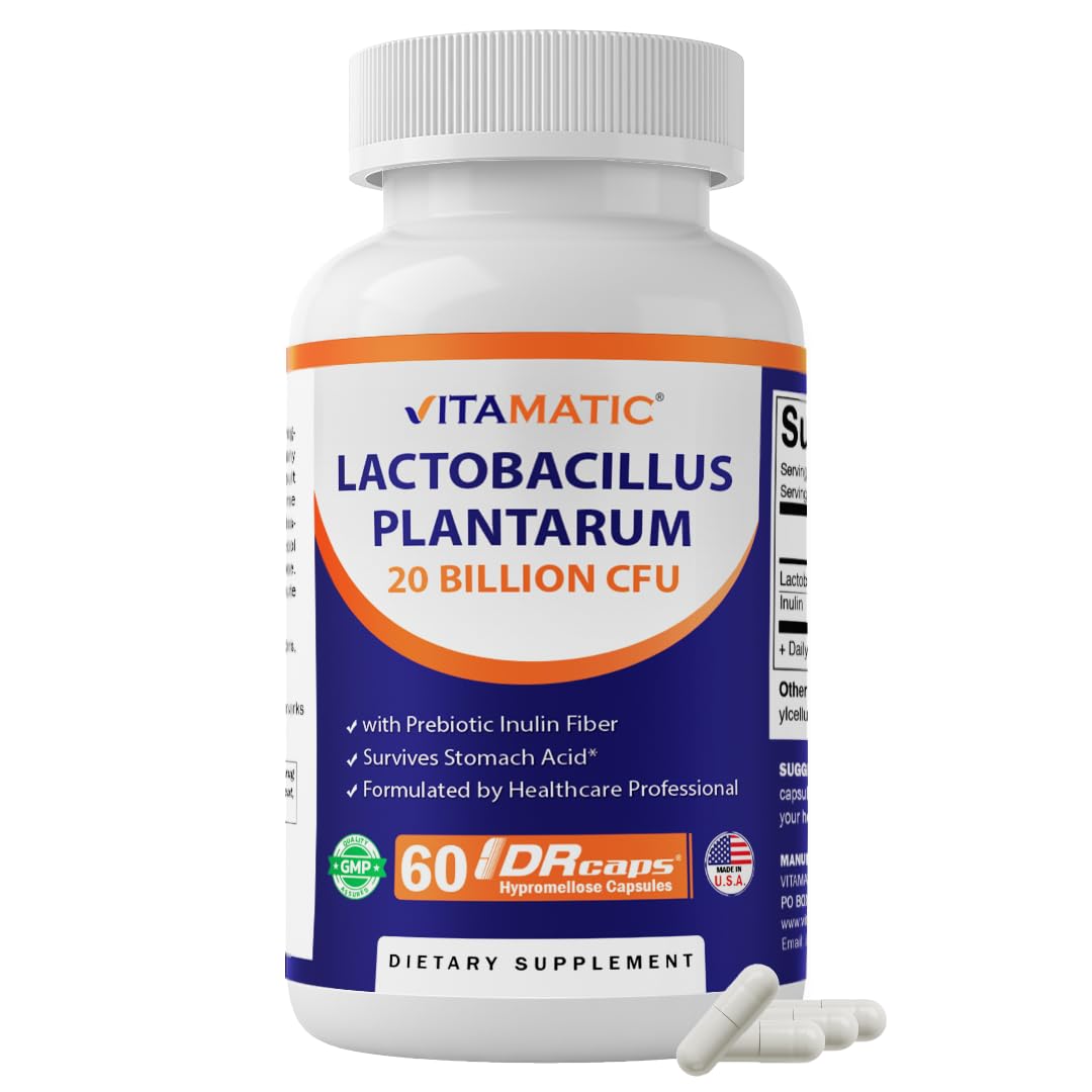 Vitamatic Lactobacillus Plantarum - 20 Billion per DR Capsule - 60 Count - Digestive Support - Made with Prebiotic Inulin Fiber 60 Count (Pack of 1)