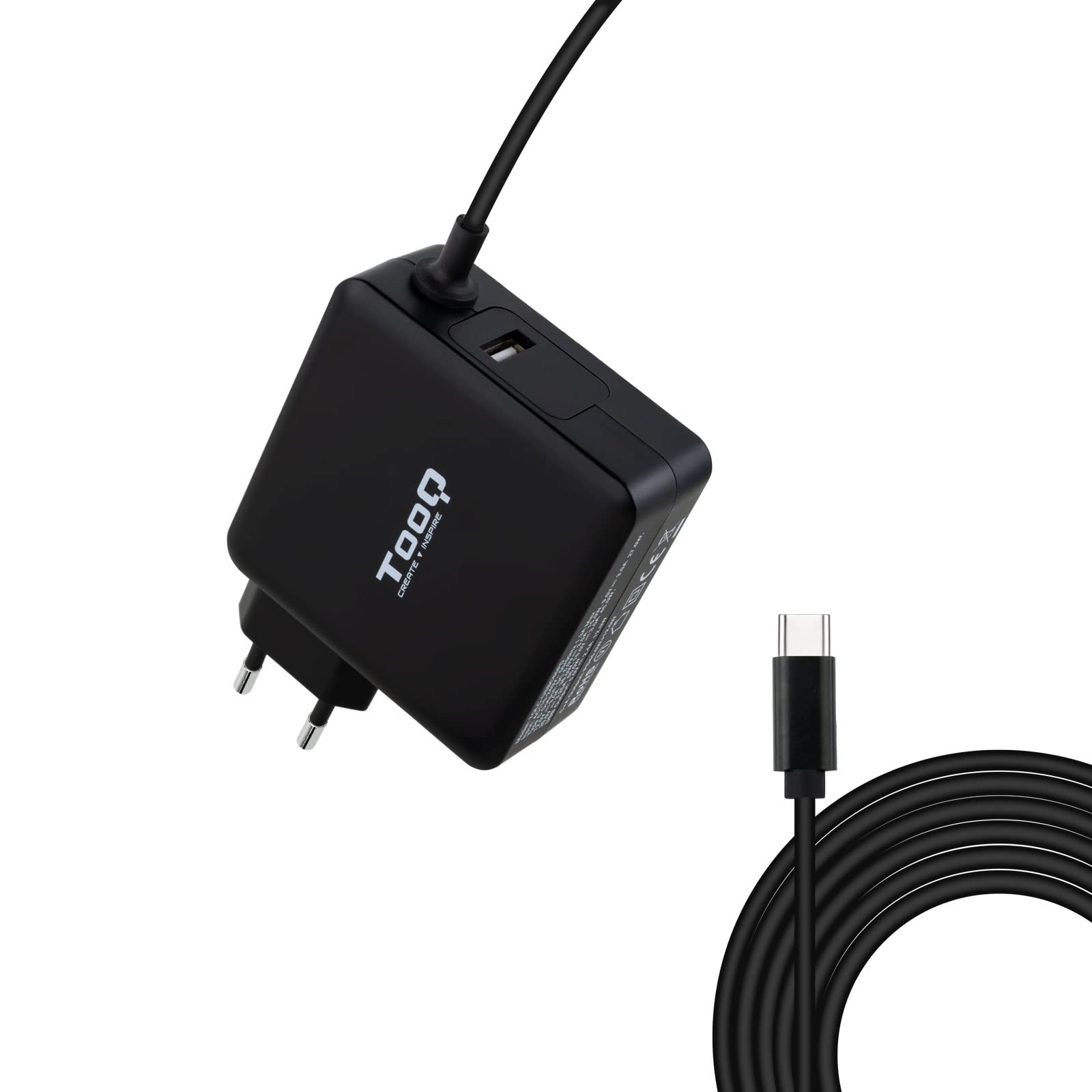 TooQ TQLC-​USBC65PD - Cargador de Portátil con 2 Puertos, 1 Puerto USB-​C y un Puerto PD3.0, 65W totales, para Ordenadores portátiles, Tablets y teléfonos móviles, Color Negro