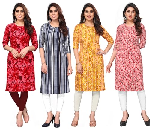 Image of JAKHANA Women's Crepe Printed Casual Straight Calf Length Round Nick Kurta Pack of 4