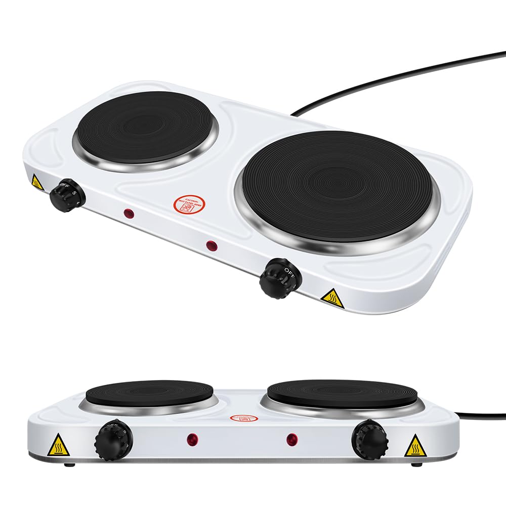 Double Electric Hot Plate - Portable Camping Stove - 1000W & 1500W Electric Hob Stove for Cooking - 5 Temperature Settings - 155mm Heating Pate Diameter - for Holiday Homes/Caravans/Small Kitchen