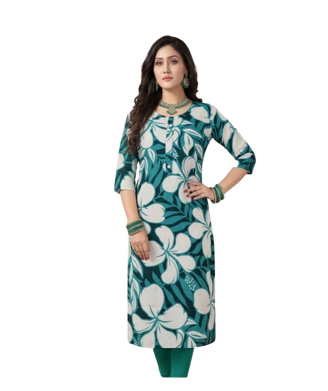 Women's Floral Print Kurti, Teal and White, 3/4 Sleeves, Round Neck, Straight Fit