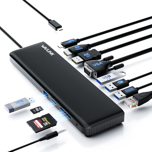 WAVLINK Docking station USB C 3 monitor, docking station con HDMI, DP, VGA, 100W PD, USB3.0&2.0, RJ45, slot SD/TF, audio/microfono, per Lenovo/HP/Dell, ecc. Nero