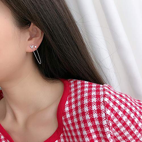 Double Holes Butterfly Halo Cz Small Stud Cuff Wrap Tassel Chain Crawler Climer Dangle Drop Earrings For Women Teen Girls Cartilage S925 Sterling Silver Piercing Animal Jewelry Gifts Daughter Sister #TOP6