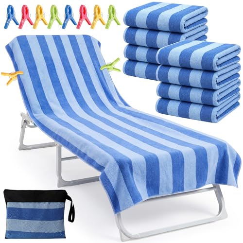 Gilprop 8 Packs Oversized Stripe Beach Towels XL L Microfiber Clearance Pool Towels with Bags Clips Soft Absorbent Quick Dry Camping Swim Towel for Adult Women Men Travel Family (6030 in Blue)