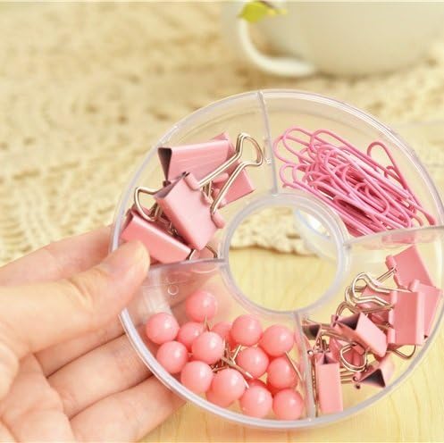 Dandyd Korean-style PVC Free Clips Set Binder Clips + Paper Clips + Push Pins 3 in 1 Donuts Container for Home Office School (Pink)