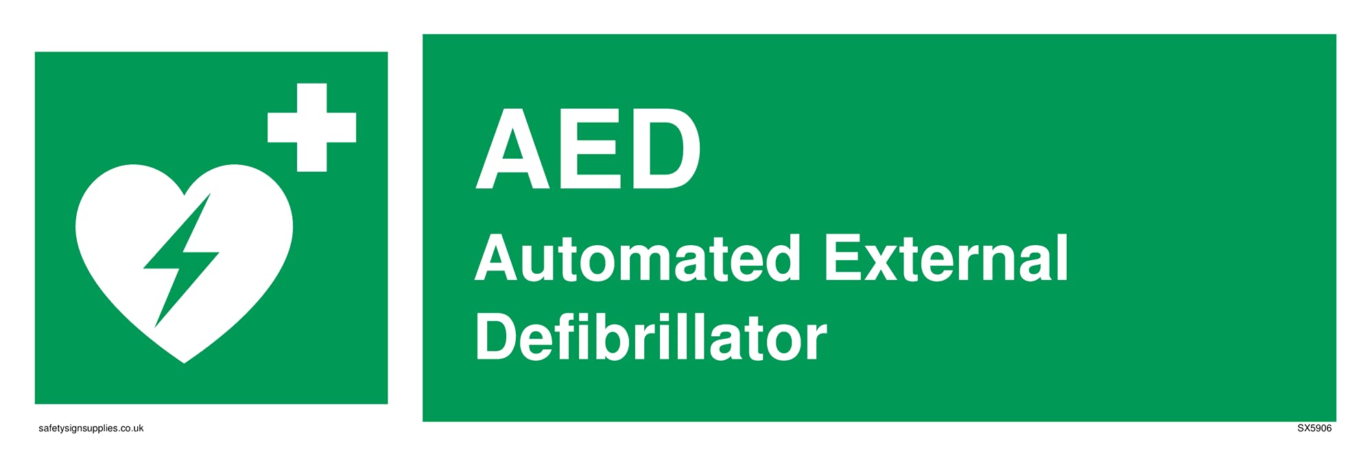 Pack of five - AED Automated External Defilbrilator with heart defibrillator symbol Sign - 300x100mm - L31