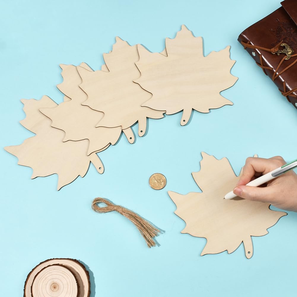 20Pcs 6.9" Wood Maple Leaves Wooden Craft Cutouts with Hemp Rope Thanksgiving Day Theme Autumn Unfinished Wood Pendant Hanging Ornaments Tags for Holiday Drawing Party DIY Decor Supplies