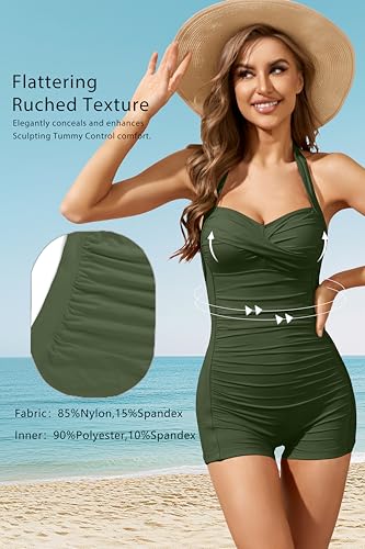 Image of Tempt Me Women Tummy Control One Piece Swimsuits with Shorts | Ruched, Retro bathing Suit, Boyleg, Halter, Vintage, Built-in padded cups